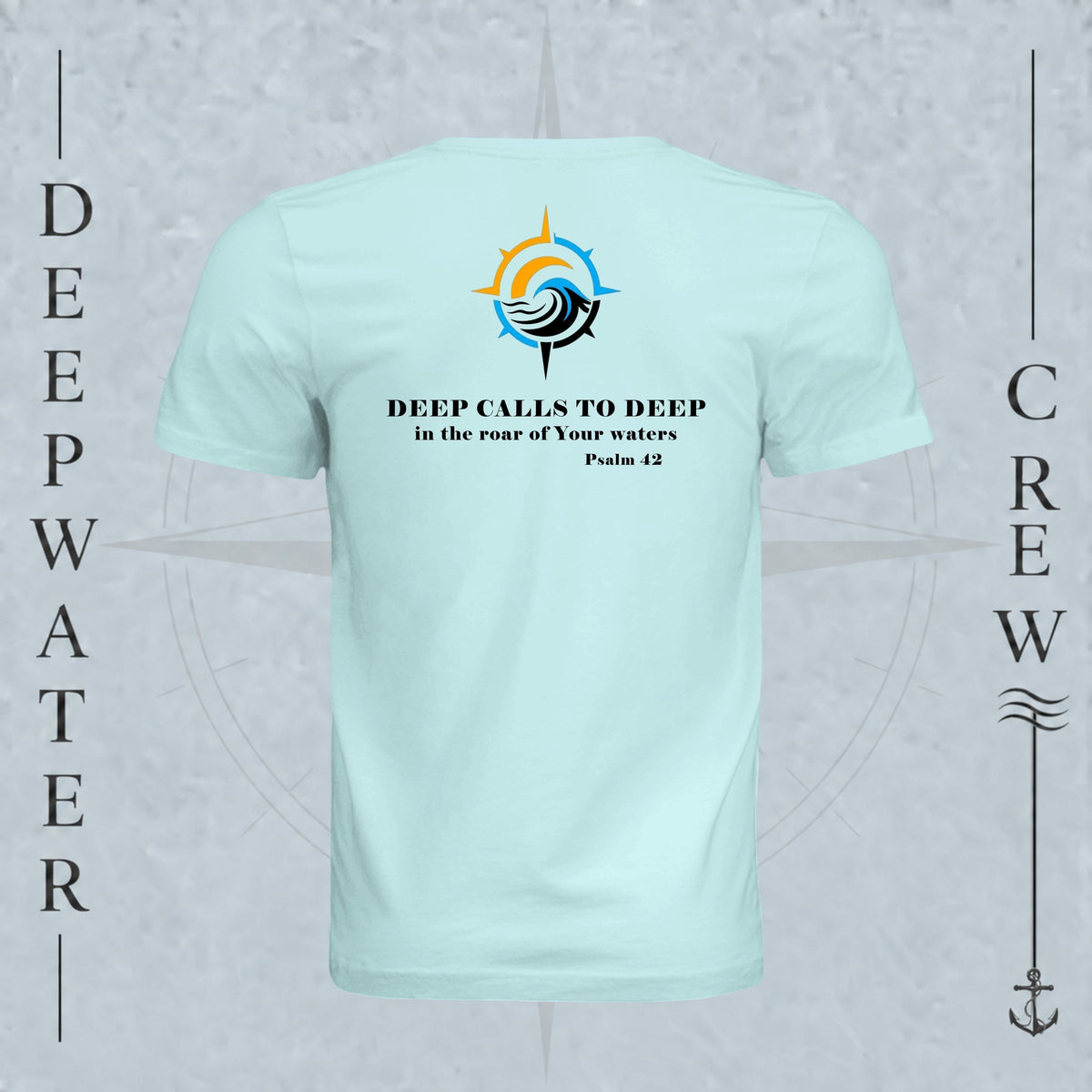 Mint Green Deepwater Crew Co. Deep 2 Deep crewneck T-shirt, back view with compass, ocean wave and sun graphic featuring the “Deep Calls to Deep” Psalm 42 scripture design.
