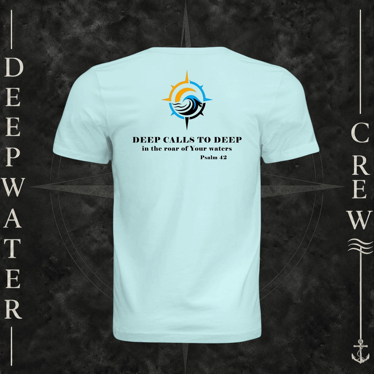 Mint Green Deepwater Crew Co. Deep 2 Deep crewneck T-shirt, back view with compass, ocean wave and sun graphic featuring the “Deep Calls to Deep” Psalm 42 scripture design.