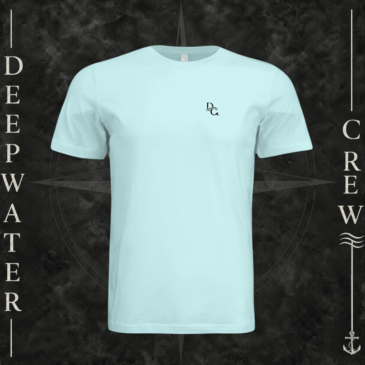 Mint Green Deepwater Crew Co. Deep 2 Deep crewneck T-shirt, front view with small DC wave chest logo.