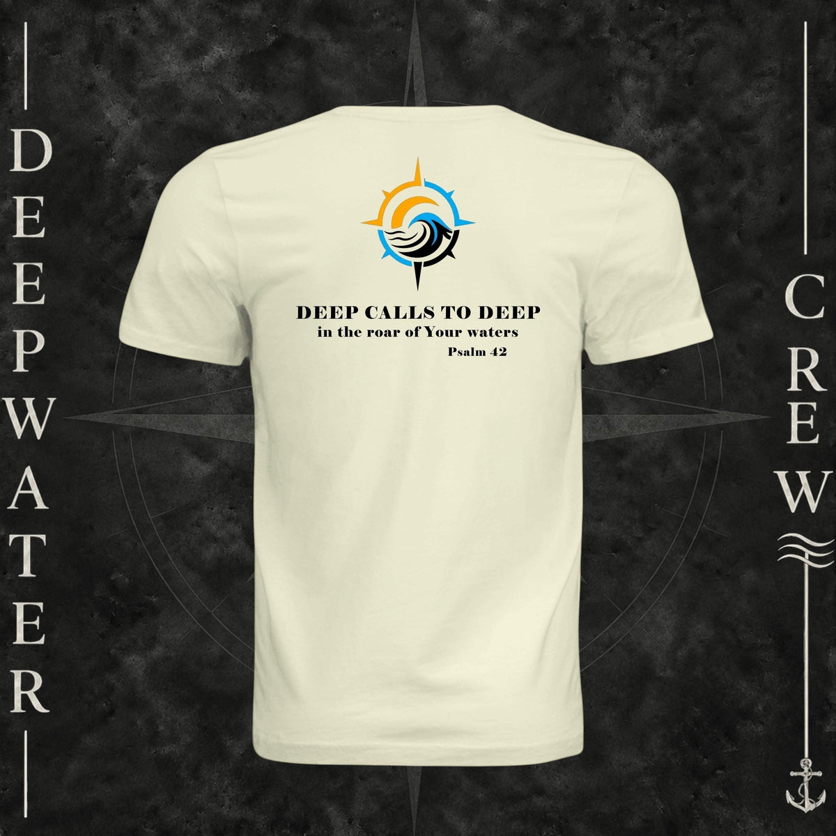 Natural Deepwater Crew Co. Deep 2 Deep crewneck T-shirt, back view with compass, ocean wave and sun graphic featuring the “Deep Calls to Deep” Psalm 42 scripture design.