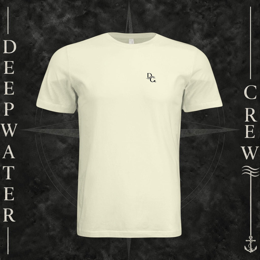 Natural Deepwater Crew Co. Deep 2 Deep crewneck T-shirt, front view with small DC wave chest logo.