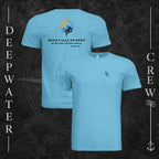 Ocean Blue Deepwater Crew Co. Deep 2 Deep crewneck T-shirt showing front and back views, with small DC wave chest logo and colorful compass, sun, and wave graphic featuring “Deep Calls to Deep” Psalm 42 lettering.