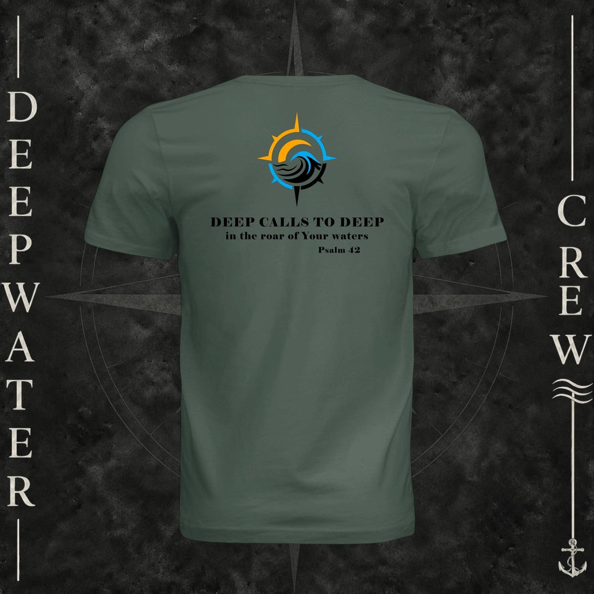 Pine Deepwater Crew Co. Deep 2 Deep crewneck T-shirt, back view with compass, ocean wave and sun graphic featuring the “Deep Calls to Deep” Psalm 42 scripture design.