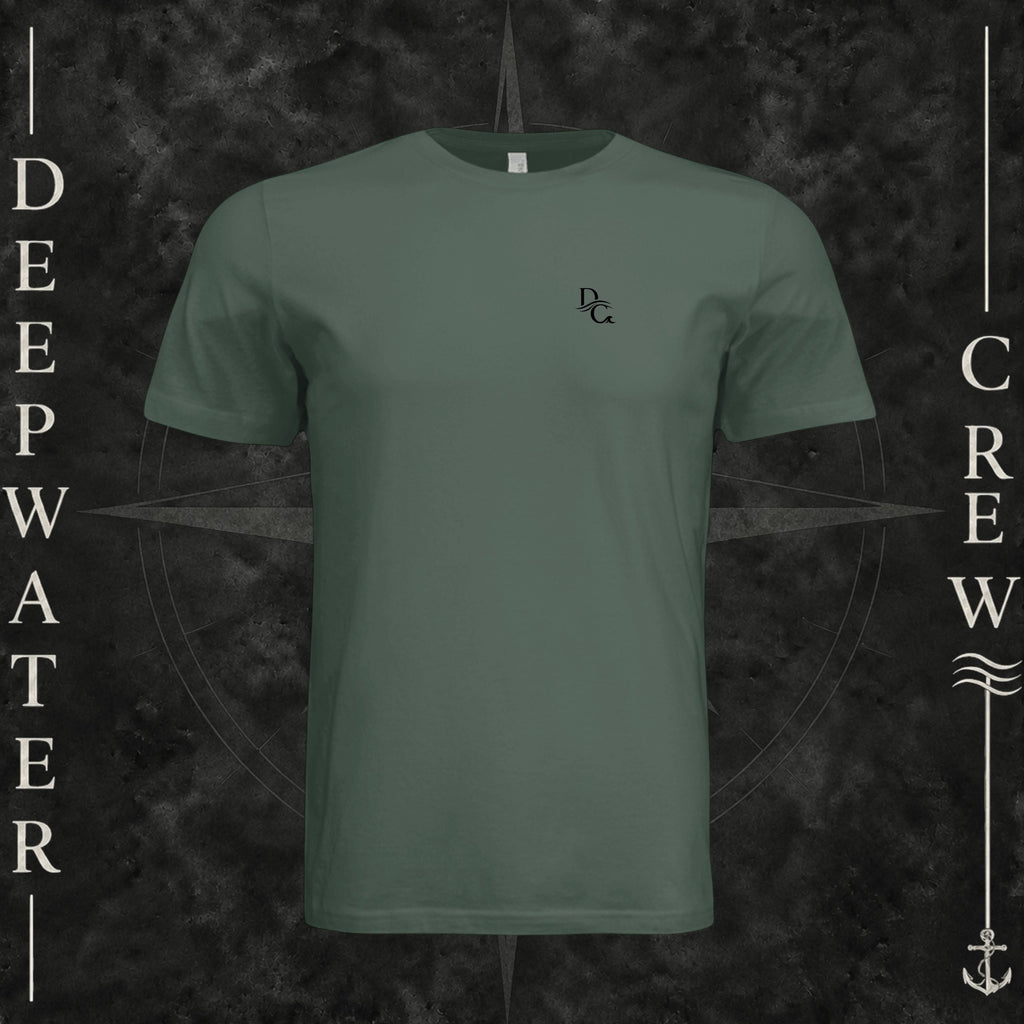 Pine Deepwater Crew Co. Deep 2 Deep crewneck T-shirt, front view with small DC wave chest logo.