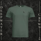 Pine Deepwater Crew Co. Deep 2 Deep crewneck T-shirt, front view with small DC wave chest logo.