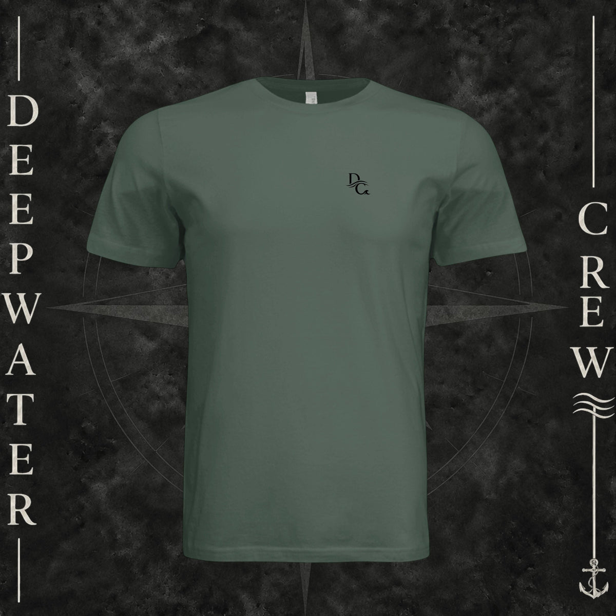 Pine Deepwater Crew Co. Deep 2 Deep crewneck T-shirt, front view with small DC wave chest logo.