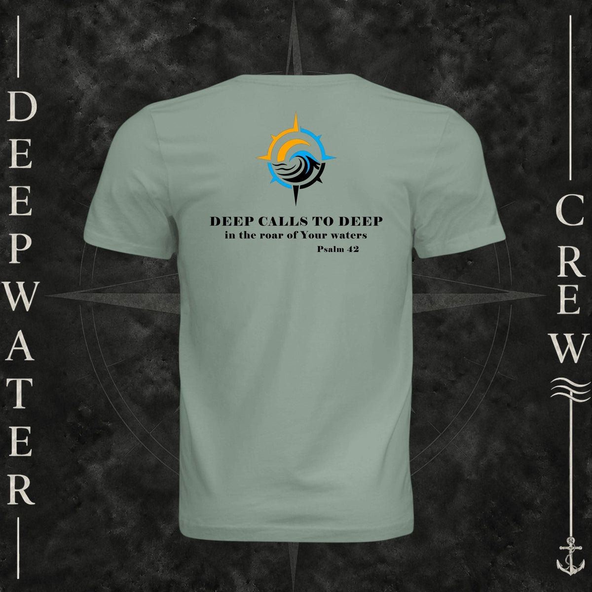 Sage Deepwater Crew Co. Deep 2 Deep crewneck T-shirt, back view with compass, ocean wave and sun graphic featuring the “Deep Calls to Deep” Psalm 42 scripture design.