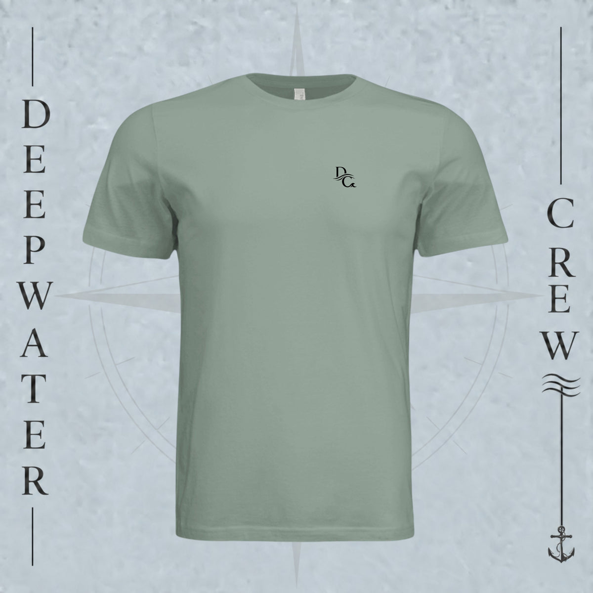 Sage Deepwater Crew Co. Deep 2 Deep crewneck T-shirt, front view with small DC wave chest logo.