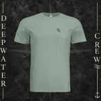 Sage Deepwater Crew Co. Deep 2 Deep crewneck T-shirt, front view with small DC wave chest logo.