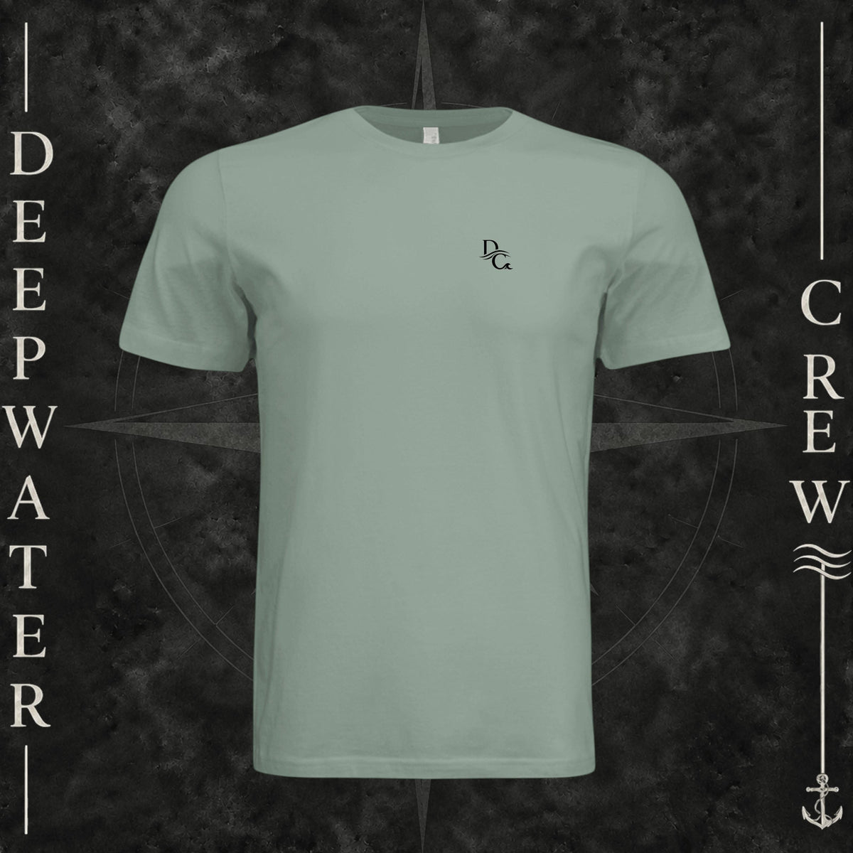 Sage Deepwater Crew Co. Deep 2 Deep crewneck T-shirt, front view with small DC wave chest logo.