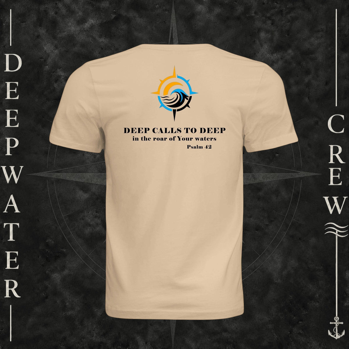 Sand Dune Deepwater Crew Co. Deep 2 Deep crewneck T-shirt, back view with compass, ocean wave and sun graphic featuring the “Deep Calls to Deep” Psalm 42 scripture design.