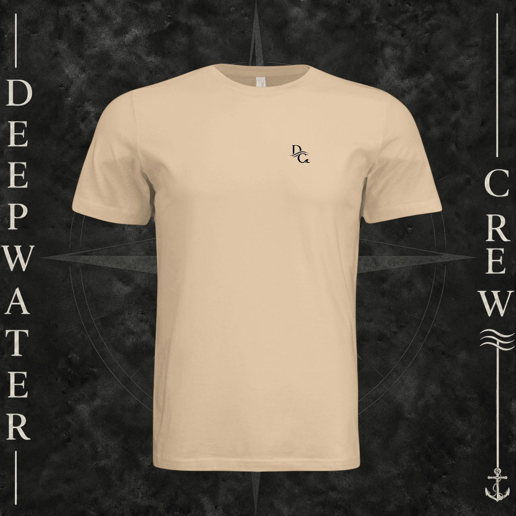 Sand Dune Deepwater Crew Co. Deep 2 Deep crewneck T-shirt, front view with small DC wave chest logo.