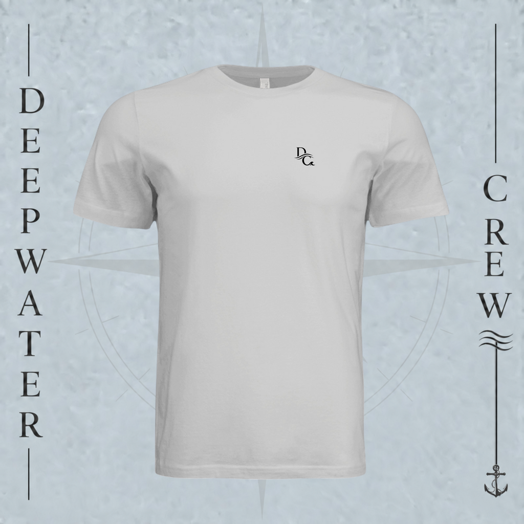Silver Deepwater Crew Co. Deep 2 Deep crewneck T-shirt, front view with small DC wave chest logo.