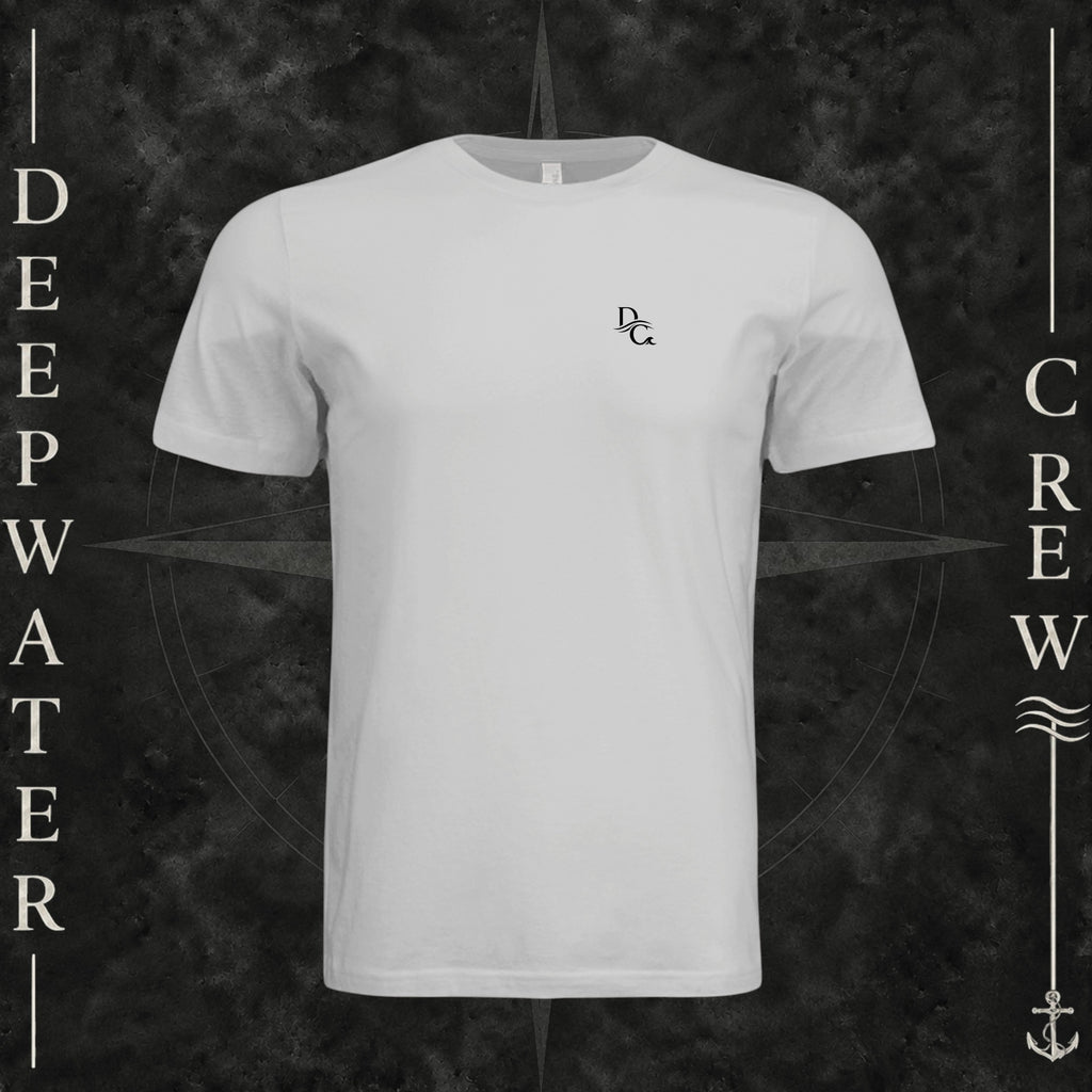 Silver Deepwater Crew Co. Deep 2 Deep crewneck T-shirt, front view with small DC wave chest logo.