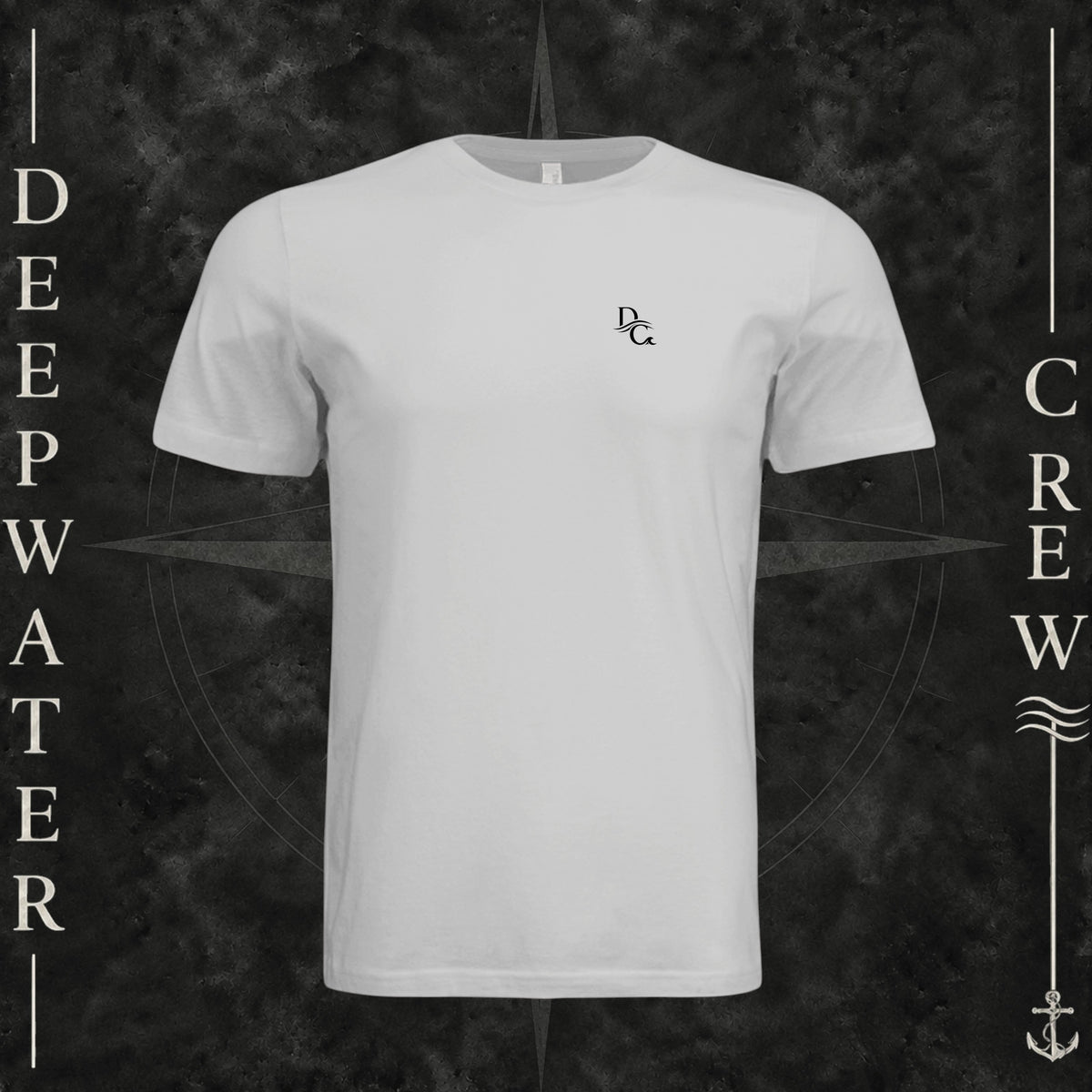 Silver Deepwater Crew Co. Deep 2 Deep crewneck T-shirt, front view with small DC wave chest logo.
