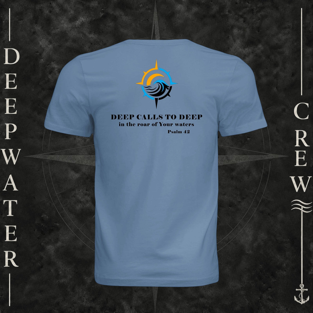 Slate Deepwater Crew Co. Deep 2 Deep crewneck T-shirt, back view with compass, ocean wave and sun graphic featuring the “Deep Calls to Deep” Psalm 42 scripture design.