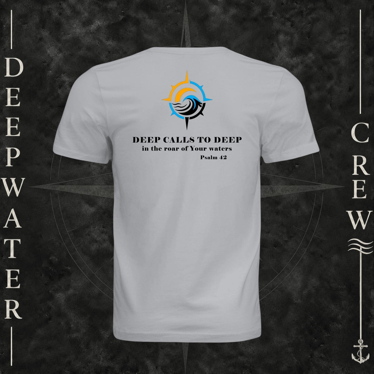 Solid Athletic Gray Deepwater Crew Co. Deep 2 Deep crewneck T-shirt, back view with compass, ocean wave and sun graphic featuring the “Deep Calls to Deep” Psalm 42 scripture design.