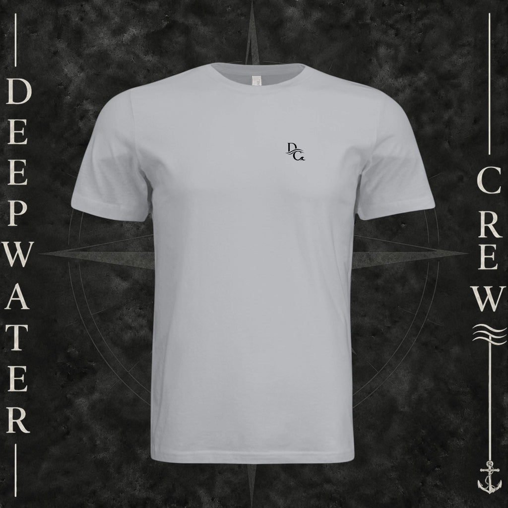 Solid Athletic Gray Deepwater Crew Co. Deep 2 Deep crewneck T-shirt, front view with small DC wave chest logo.