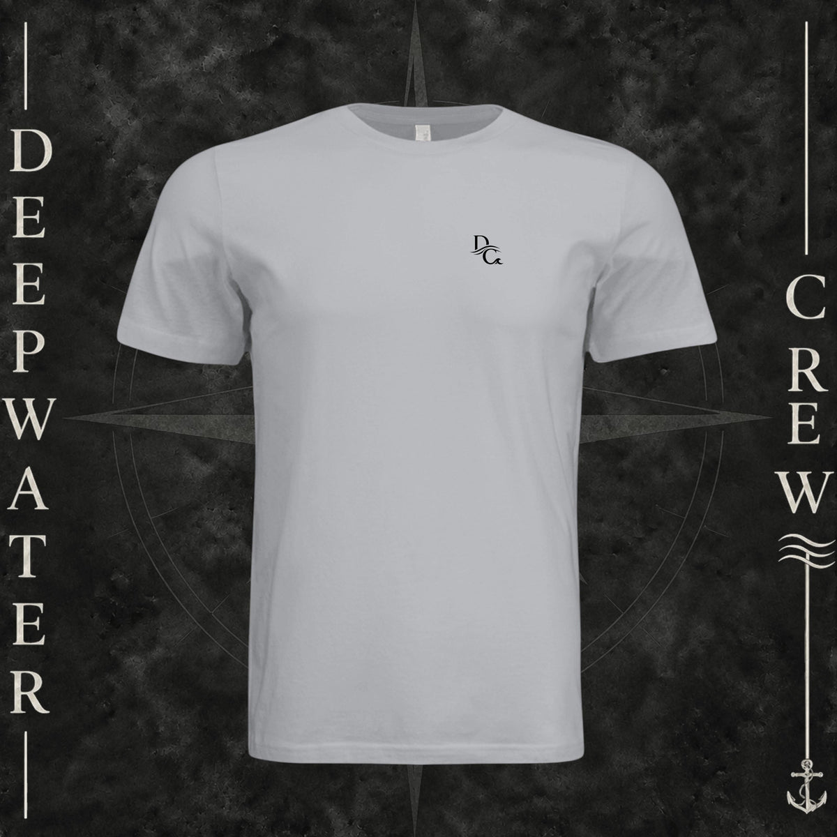 Solid Athletic Gray Deepwater Crew Co. Deep 2 Deep crewneck T-shirt, front view with small DC wave chest logo.