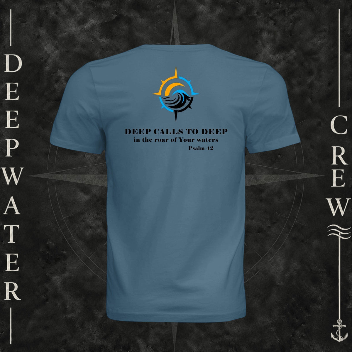Steel Blue Deepwater Crew Co. Deep 2 Deep crewneck T-shirt, back view with compass, ocean wave and sun graphic featuring the “Deep Calls to Deep” Psalm 42 scripture design.