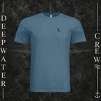 Steel Blue Deepwater Crew Co. Deep 2 Deep crewneck T-shirt, front view with small DC wave chest logo.