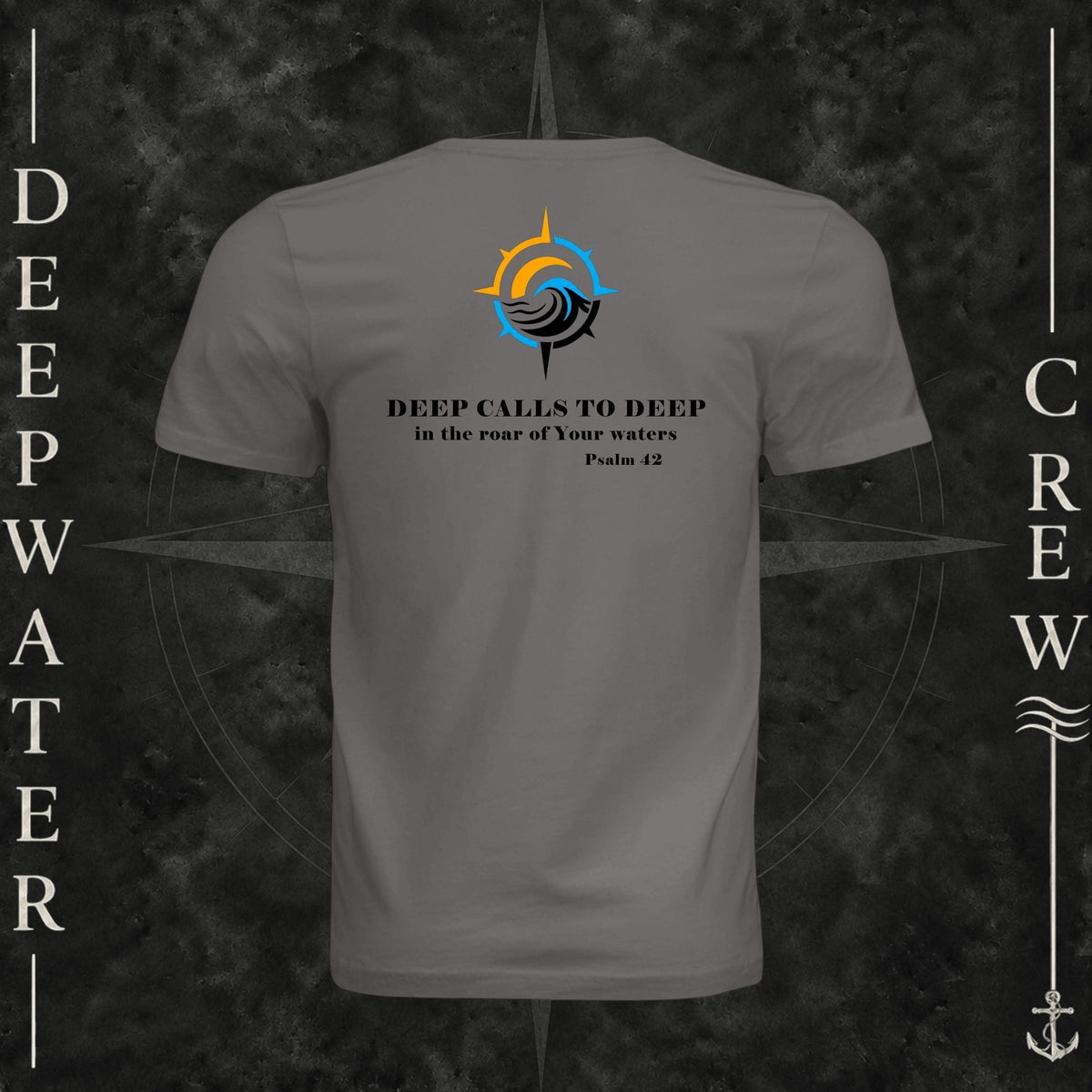 Storm Deepwater Crew Co. Deep 2 Deep crewneck T-shirt, back view with compass, ocean wave and sun graphic featuring the “Deep Calls to Deep” Psalm 42 scripture design.