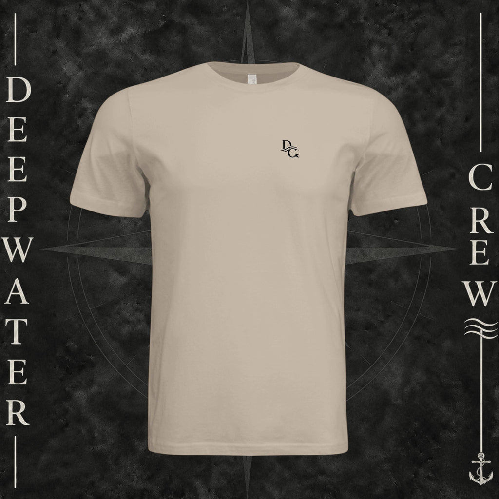 Tan Deepwater Crew Co. Deep 2 Deep crewneck T-shirt, front view with small DC wave chest logo.
