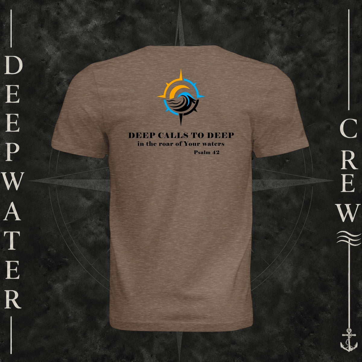 Vintage Brown Deepwater Crew Co. Deep 2 Deep crewneck T-shirt, back view with compass, ocean wave and sun graphic featuring the “Deep Calls to Deep” Psalm 42 scripture design.