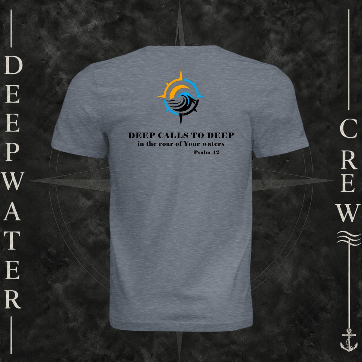 Vintage Denim Deepwater Crew Co. Deep 2 Deep crewneck T-shirt, back view with compass, ocean wave and sun graphic featuring the “Deep Calls to Deep” Psalm 42 scripture design.