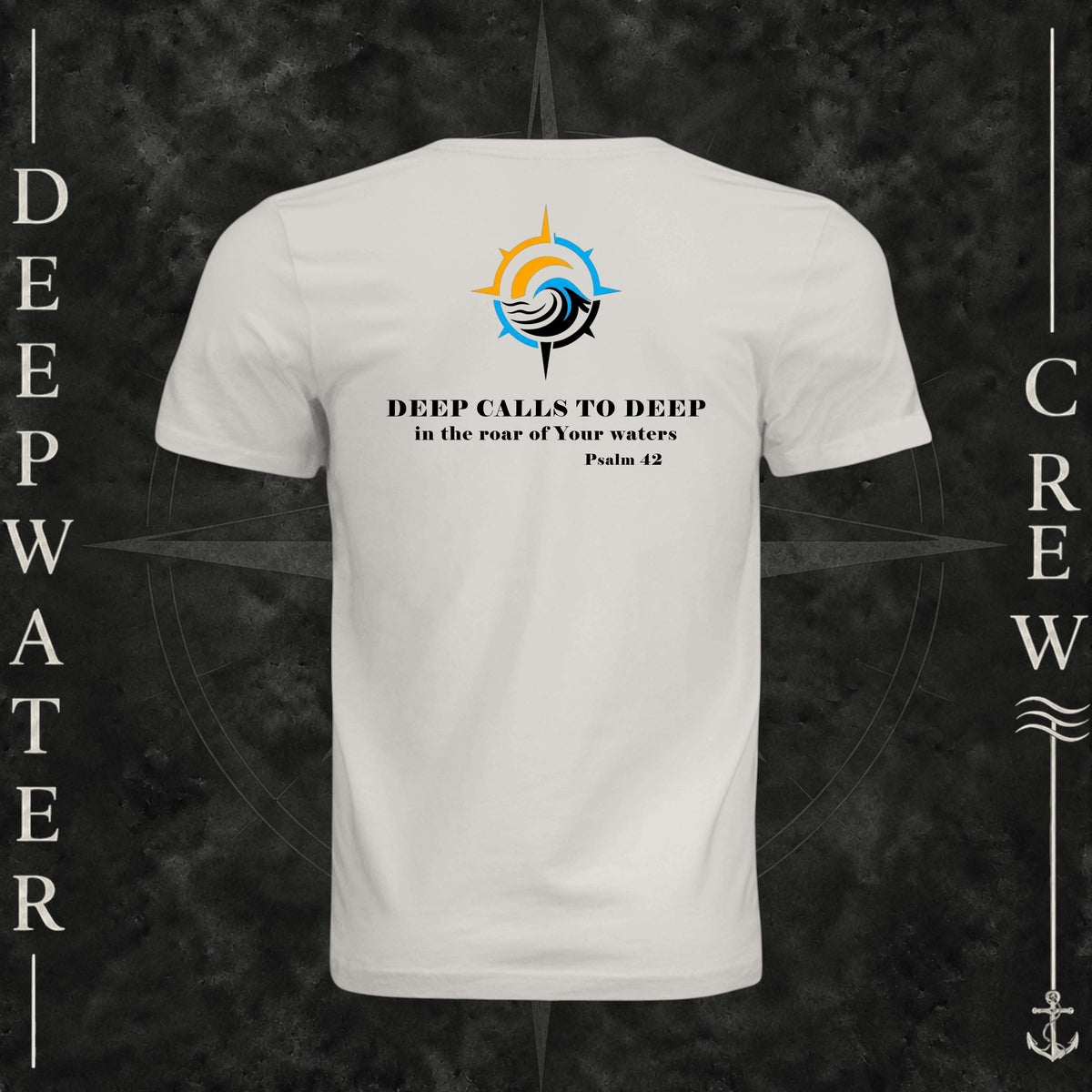 Vintage White Deepwater Crew Co. Deep 2 Deep crewneck T-shirt, back view with compass, ocean wave and sun graphic featuring the “Deep Calls to Deep” Psalm 42 scripture design.