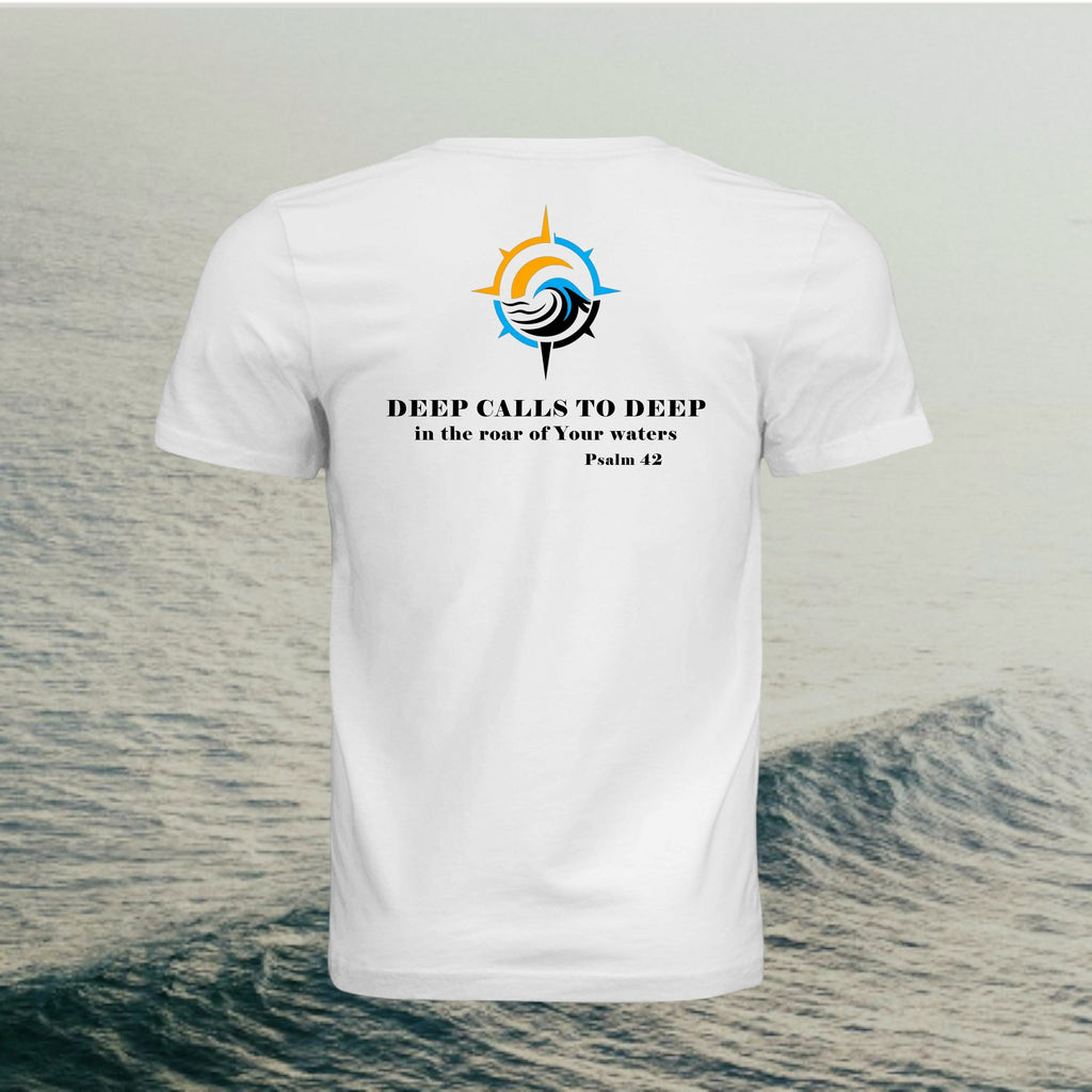 White Deepwater Crew Co. Deep 2 Deep crewneck T-shirt, back view with compass, ocean wave and sun graphic featuring the “Deep Calls to Deep” Psalm 42 scripture design, with a wave and ocean background.
