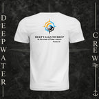 White Deepwater Crew Co. Deep 2 Deep crewneck T-shirt, back view with compass, ocean wave and sun graphic featuring the “Deep Calls to Deep” Psalm 42 scripture design.