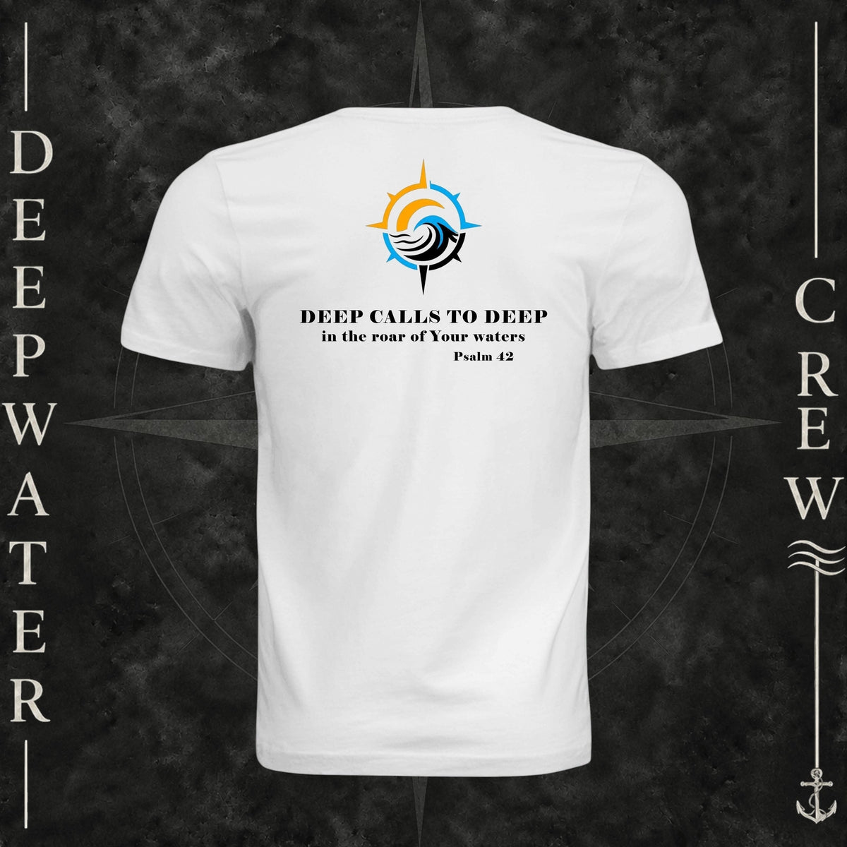 White Deepwater Crew Co. Deep 2 Deep crewneck T-shirt, back view with compass, ocean wave and sun graphic featuring the “Deep Calls to Deep” Psalm 42 scripture design.
