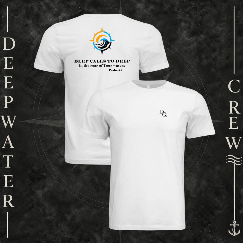 White Deepwater Crew Co. Deep 2 Deep crewneck T-shirt showing front and back views, with small DC wave chest logo and colorful compass, sun, and wave graphic featuring “Deep Calls to Deep” Psalm 42 lettering.
