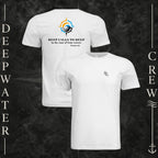 White Deepwater Crew Co. Deep 2 Deep crewneck T-shirt showing front and back views, with small DC wave chest logo and colorful compass, sun, and wave graphic featuring “Deep Calls to Deep” Psalm 42 lettering.