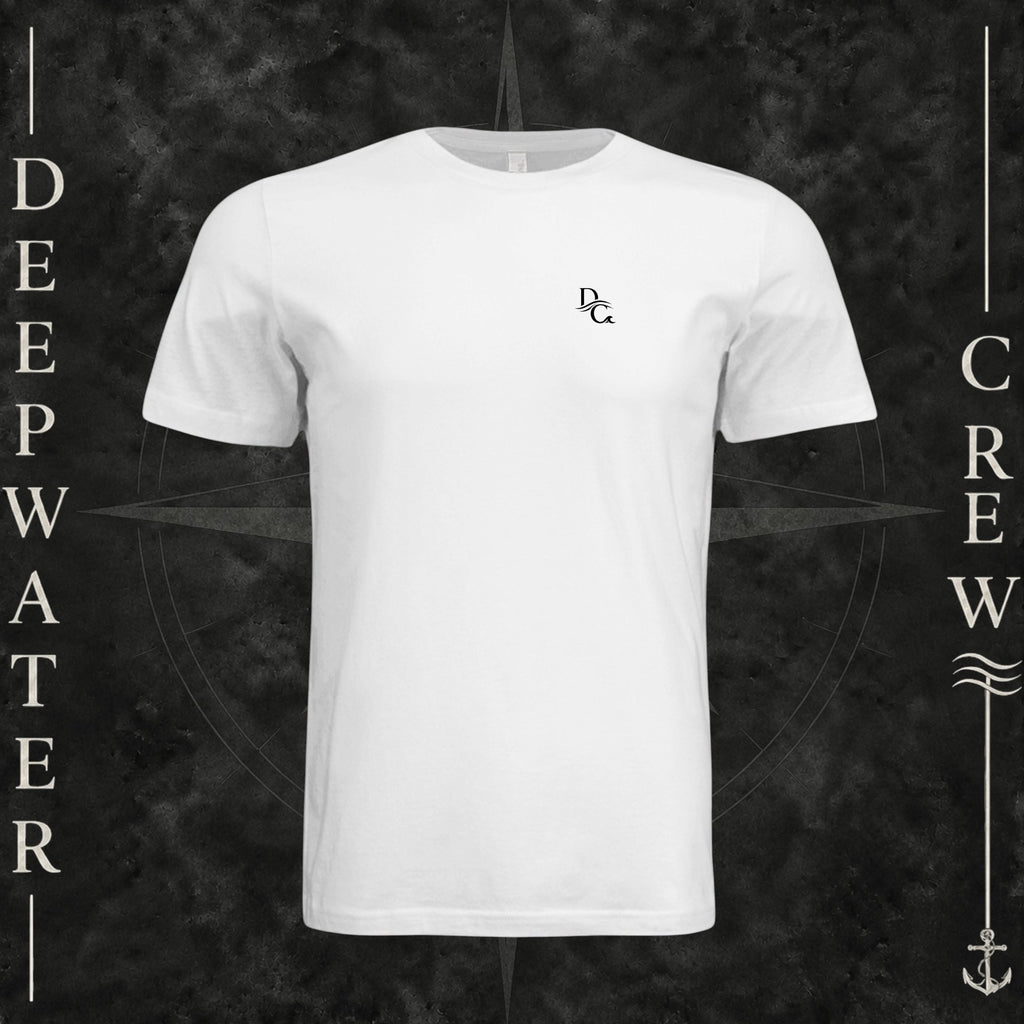 White Deepwater Crew Co. Deep 2 Deep crewneck T-shirt, front view with small DC wave chest logo.