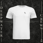 White Deepwater Crew Co. Deep 2 Deep crewneck T-shirt, front view with small DC wave chest logo.