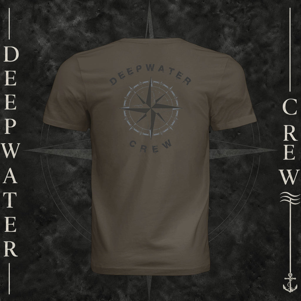 Army Deepwater Crew Co. Deepwater Nomad crewneck T-shirt, back view with large distressed compass rose graphic and Deepwater Crew lettering.