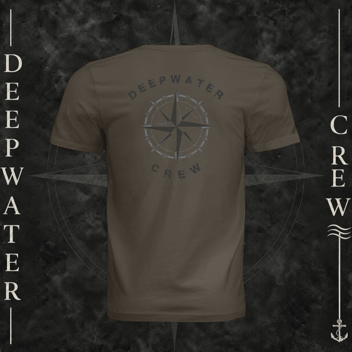 Army Deepwater Crew Co. Deepwater Nomad crewneck T-shirt, back view with large distressed compass rose graphic and Deepwater Crew lettering.