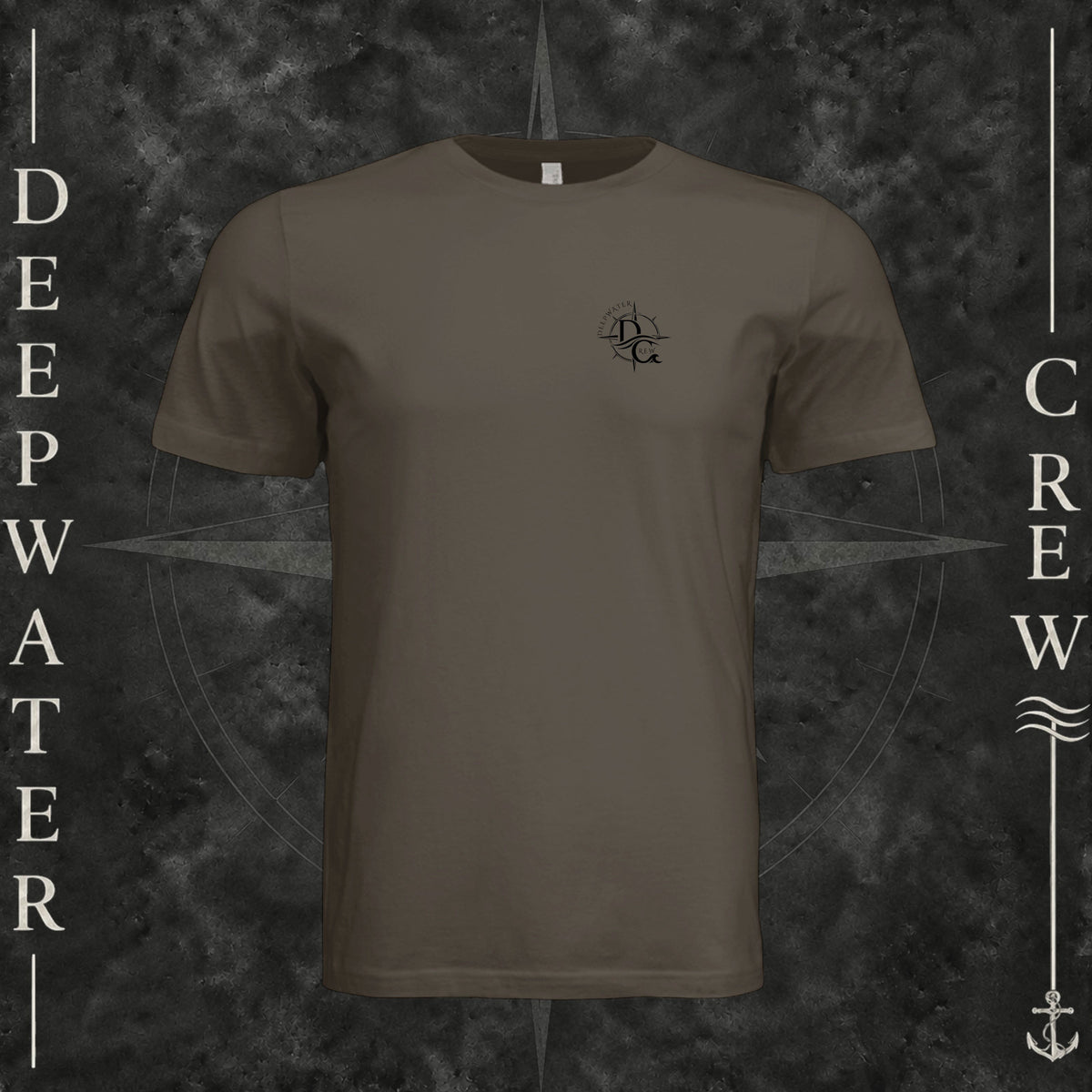 Army Deepwater Crew Co. Deepwater Nomad crewneck T-shirt, front view with small DC compass crest chest logo.