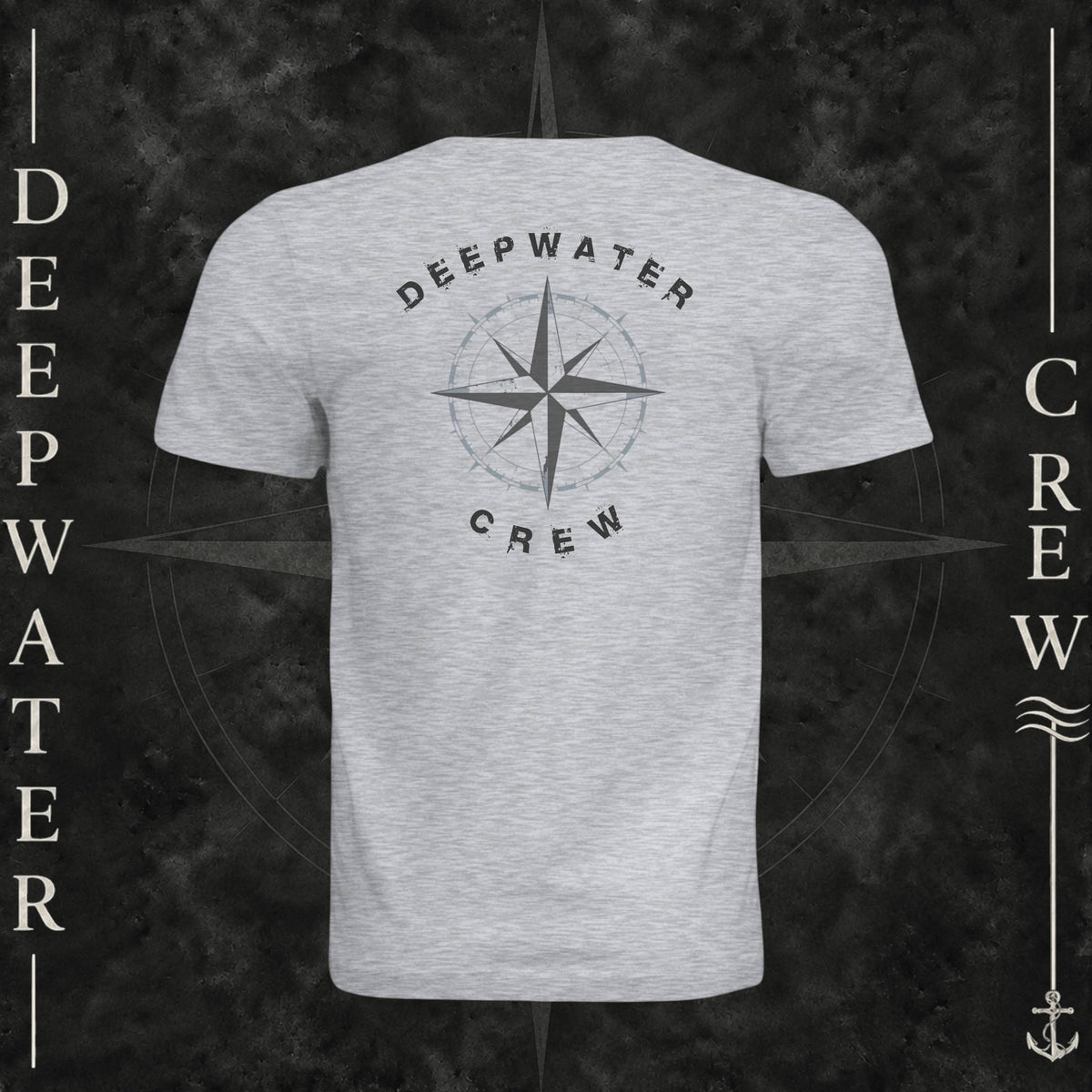 Ash Deepwater Crew Co. Deepwater Nomad crewneck T-shirt, back view with large distressed compass rose graphic and Deepwater Crew lettering.