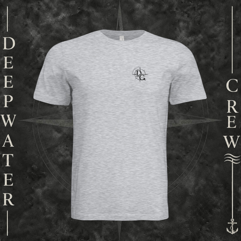 Ash Deepwater Crew Co. Deepwater Nomad crewneck T-shirt, front view with small DC compass crest chest logo.