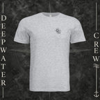 Ash Deepwater Crew Co. Deepwater Nomad crewneck T-shirt, front view with small DC compass crest chest logo.
