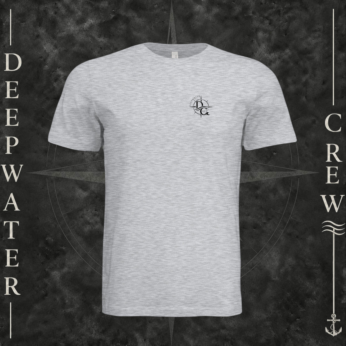 Ash Deepwater Crew Co. Deepwater Nomad crewneck T-shirt, front view with small DC compass crest chest logo.