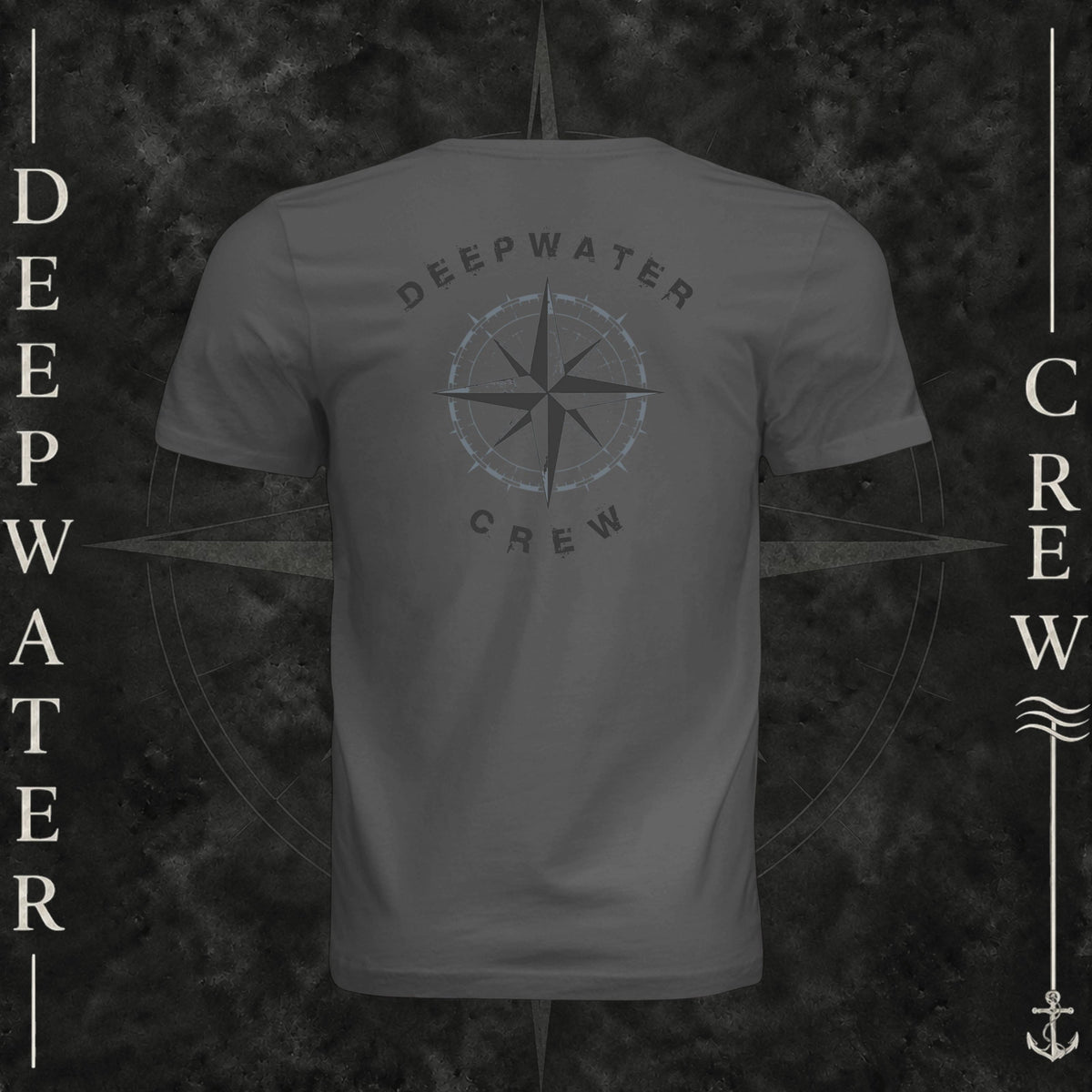 Asphalt Deepwater Crew Co. Deepwater Nomad crewneck T-shirt, back view with large distressed compass rose graphic and Deepwater Crew lettering.