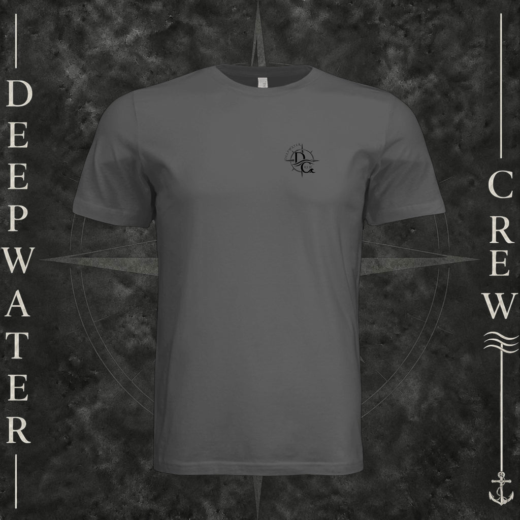 Asphalt Deepwater Crew Co. Deepwater Nomad crewneck T-shirt, front view with small DC compass crest chest logo.