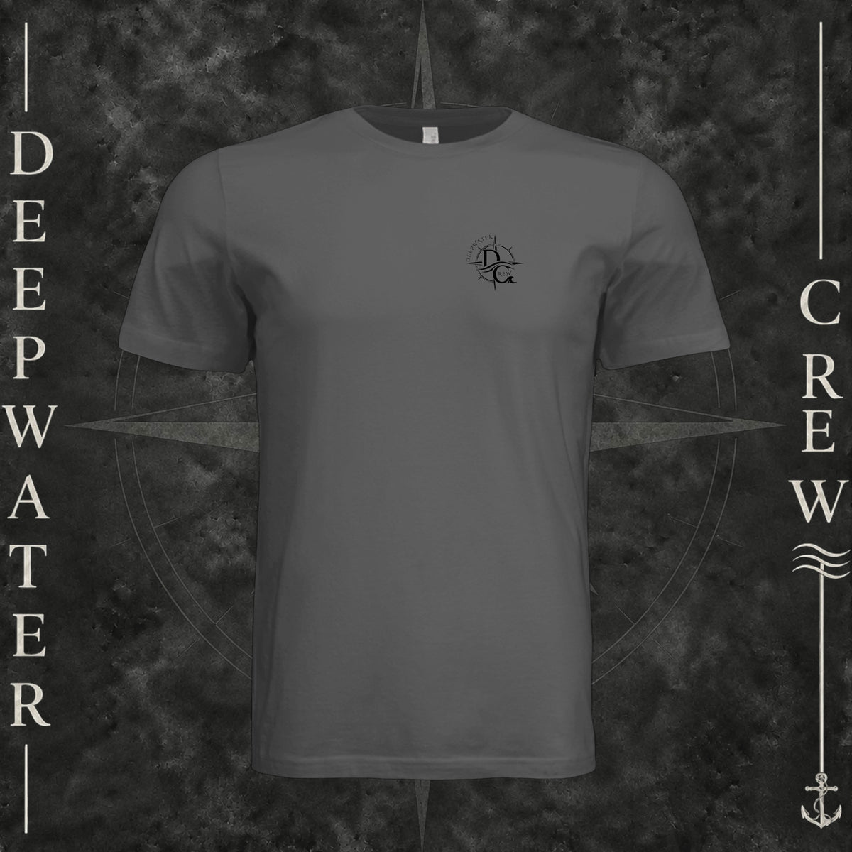Asphalt Deepwater Crew Co. Deepwater Nomad crewneck T-shirt, front view with small DC compass crest chest logo.