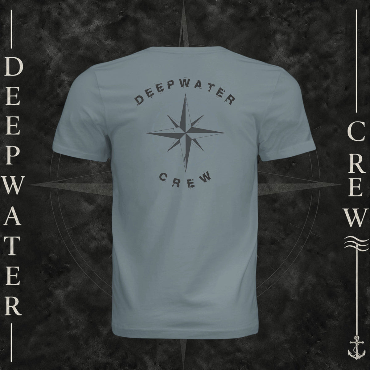 Blue Storm Deepwater Crew Co. Deepwater Nomad crewneck T-shirt, back view with large distressed compass rose graphic and Deepwater Crew lettering.