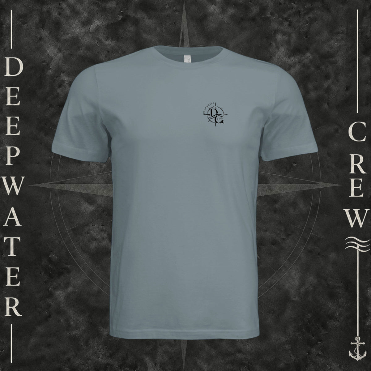 Blue Storm Deepwater Crew Co. Deepwater Nomad crewneck T-shirt, front view with small DC compass crest chest logo.