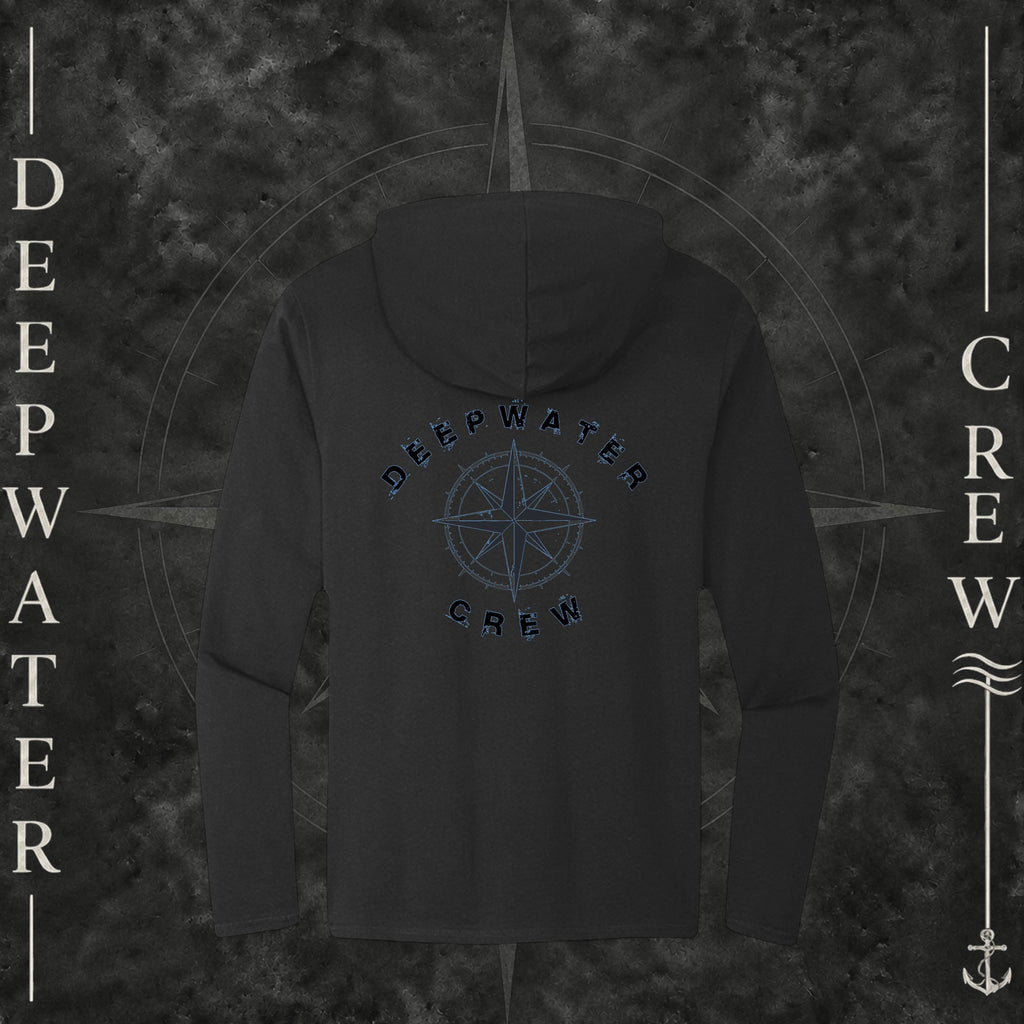 Black Deepwater Crew Co. Deepwater Nomad Deck Hoodie, back view with large distressed compass rose graphic and Deepwater Crew lettering.